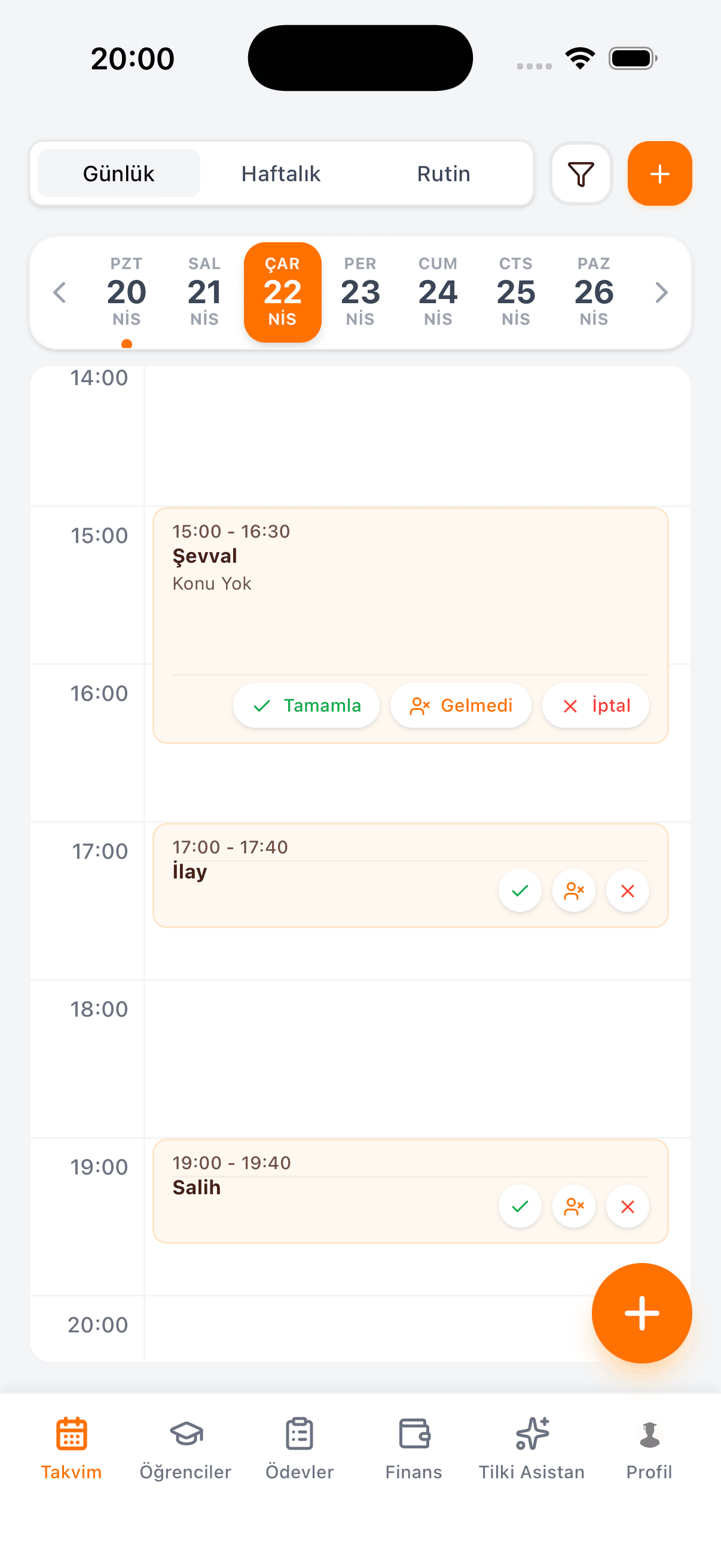 Tilki mobil günlük takvim görünümü